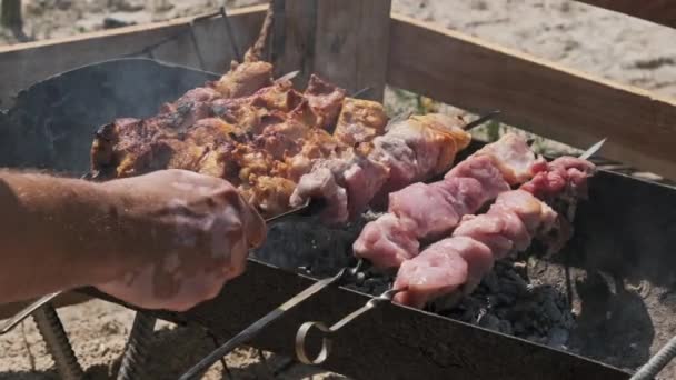 Process Cooking Delicious Shish Kebab Metal Skewer Summer Outdoors Grilling — Vídeo de Stock
