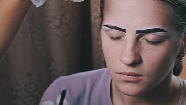 Building Shape Eyebrows Beauty Salon Eyebrow Master Dyes Them Young — Vídeo de Stock