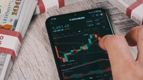 Trader Checking Cryptocurrency Price Smartphone Screen Crypto Trading Phone App — Stock Video