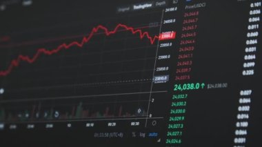 Borsa, kripto döviz şeması. Bilgisayar ekranında şifreli para grafiği. Borsadaki USD ve BC 'den alıntılar. Fiyat evrimi ile Bitcoin ticareti. Grafik verisi, grafik