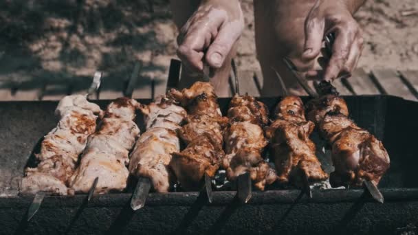 Grilling Shashlik Barbecue Grill Outdoors Process Cooking Delicious Shish Kebab — Stock video