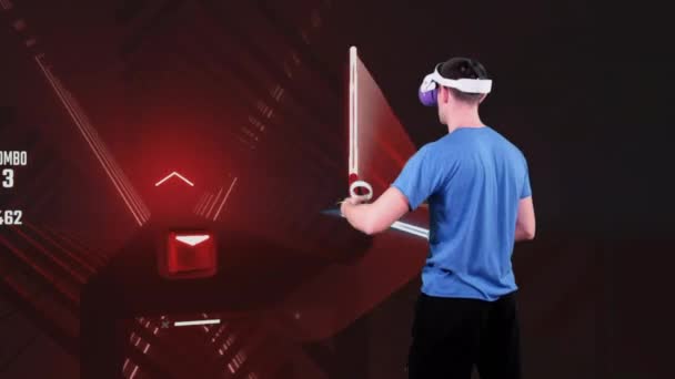 Man Virtual Reality Helmet Plays Game Augmented Reality Player Fights — Vídeo de stock