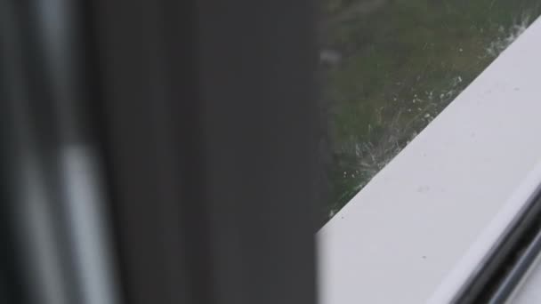Yağmurlu Bir Günde Yağmur Damlaları Pencere Eşiğine Düşer Fırtına Sırasında — Stok video