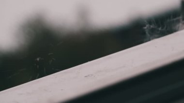 Yağmur damlaları pencerenin kenarına ağır çekimde vuruyor. Yağmurlu bir günde yağmur damlaları pencere kenarına düşer, ağır çekimde. Fırtına sırasında pencere pervazı, yakın çekim. Gri bir havayla sonbahar yağmuru. Sonbahar melankolisi