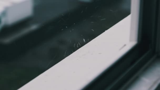 Yağmur Damlaları Pencerenin Kenarına Ağır Çekimde Vuruyor Yağmurlu Bir Günde — Stok video
