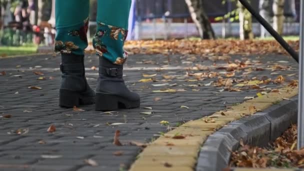 Contínuo Varre Folhas Amarelas Caídas Parque Humano Com Vassoura Varre — Vídeo de Stock