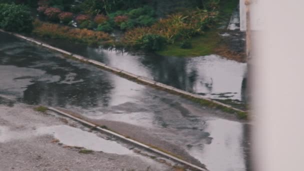 Regentropfen Fallen Zeitlupe Auf Matschige Pfützen Auf Einer Herbstlichen Straße — Stockvideo