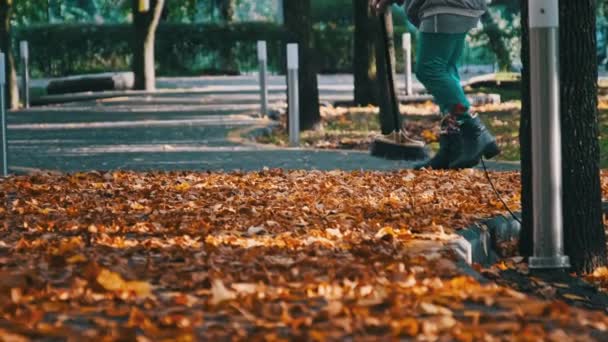 公用事业工人在公园扫荡落下来的黄叶 看门人收集树叶 秋天的城市公园里 一个人拿着扫帚扫着树叶铺在石头上 阳光普照的秋天里 — 图库视频影像