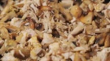 Peynirli ve etli mantarlar ev mutfağında bir tavada kızartılır. Julienne pişiriyorum. Yakın plan. Lezzetli taze sotelenmiş mantarları fırında kaşıkla karıştırıyor. Yurt içi atmosfer. Ağır çekim. 4K.