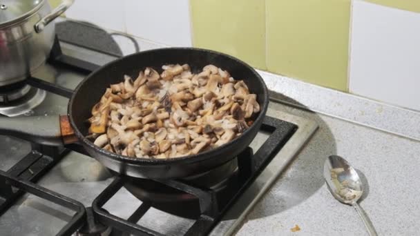 Funghi Vengono Fritti Una Padella Nella Cucina Casa Cucinare Funghi — Video Stock