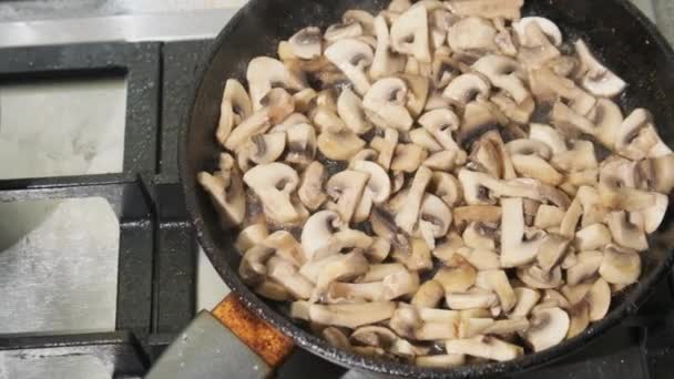 Cogumelos São Fritos Uma Panela Cozinha Casa Cozinhar Cogumelos Julienne — Vídeo de Stock