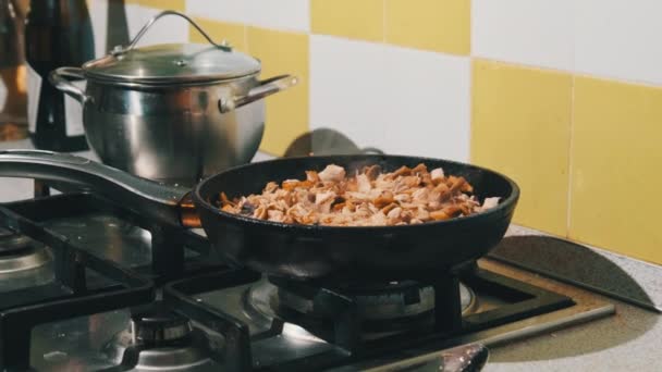 Los Champiñones Fríen Una Sartén Cocina Casera Cocinar Champiñones Juliana — Vídeo de stock