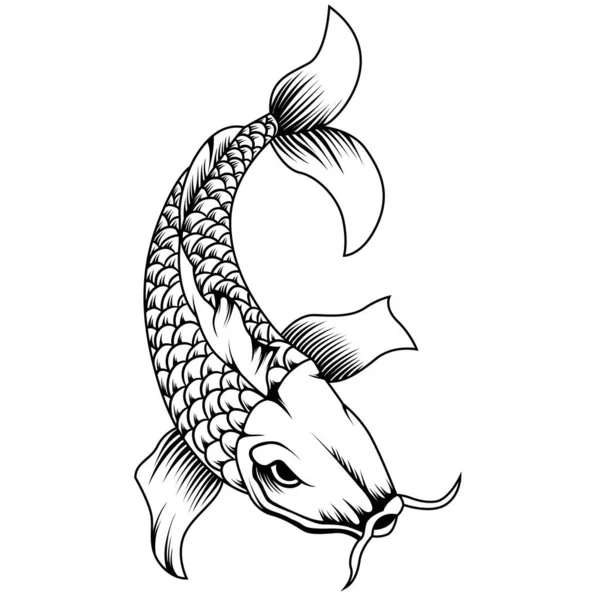 Estilo Tatuagem Koi Fish Japan Preto Branco Ilustração Vetorial — Vetor de Stock