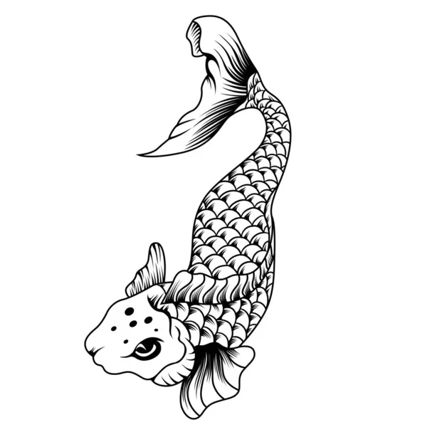Estilo Tatuagem Koi Fish Japan Preto Branco Ilustração Vetorial — Vetor de Stock