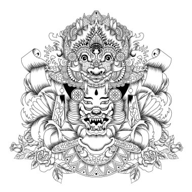 Barong maskeli balerin kadın dövmeli siyah beyaz.