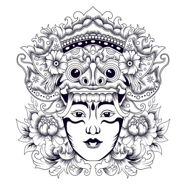 Barong Balili maske stili siyah beyaz dövme.