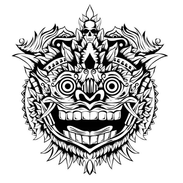 Barong Balinese Máscara Tatuagem Estilo Preto Branco — Vetor de Stock