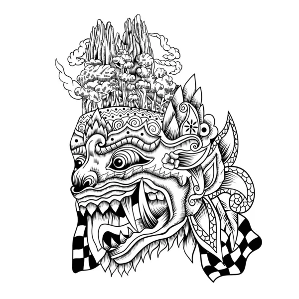 Barong Balinesische Maske Tätowierung Stil Schwarz Und Weiß — Stockvektor