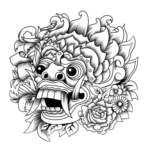 Barong Estilo Tatuaje Máscara Balinesa Blanco Negro — Vector de stock