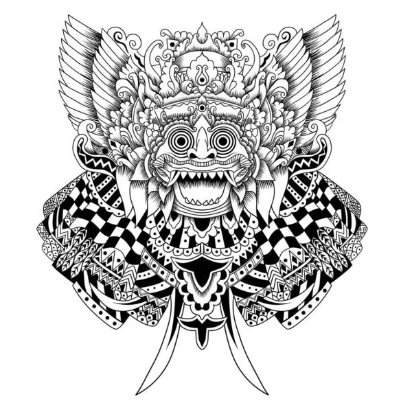 Баронг Балийский Стиль Маски Татуировки Черно Белом — стоковый вектор