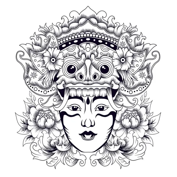 Barong Balili maske stili siyah beyaz dövme.