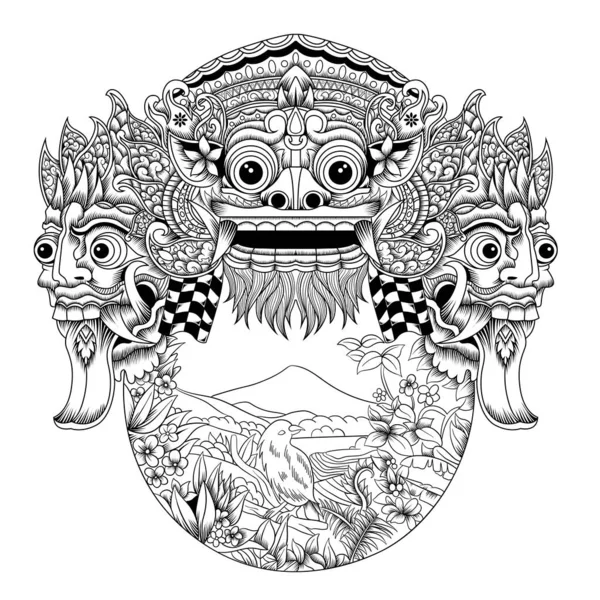 Barong Máscara Balinesa Com Natureza Preto Branco —  Vetores de Stock
