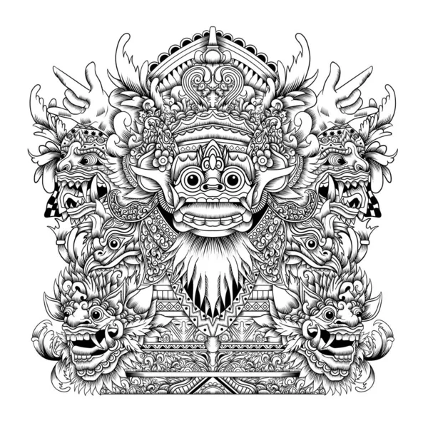 Barong Balinese Máscara Tatuagem Estilo Preto Branco — Vetor de Stock