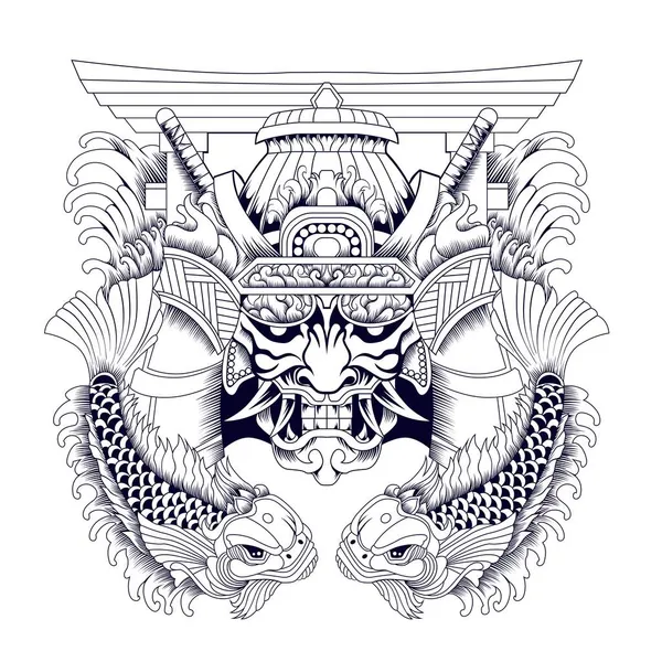 Oni Самурай Японским Стилем Татуировки Рыбы Черно Белом — стоковый вектор