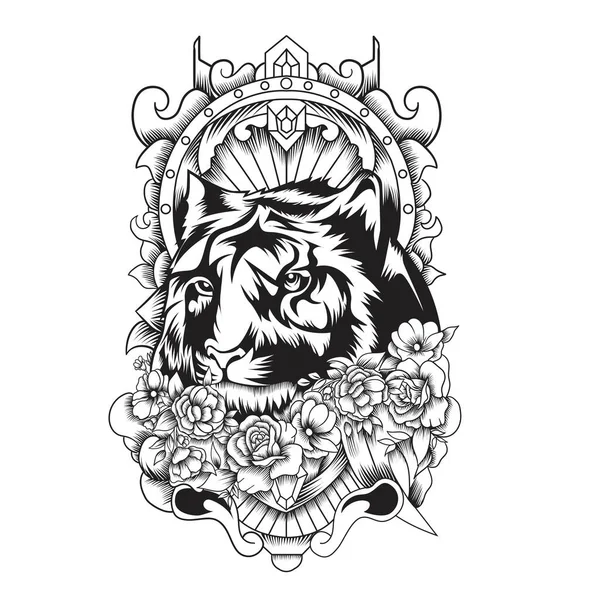 Тигрова Голова Татуюванням Орнаменту Чорно Білому — стоковий вектор