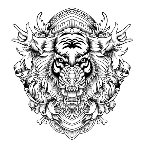 Tigris Fej Dísz Tetoválás Stílus Fekete Fehér — Stock Vector