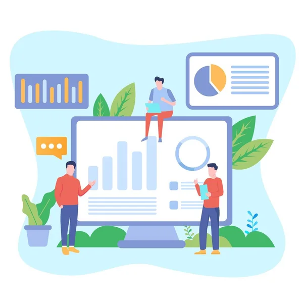 Karakterli veri analizi kavramı. Motor stratejisi, analiz, geliştiriciler için iş yeri bilgisi, yaratıcı optimizasyon için çalışma alanı. Web pankartı için şablon, düz tasarım illüstrasyon