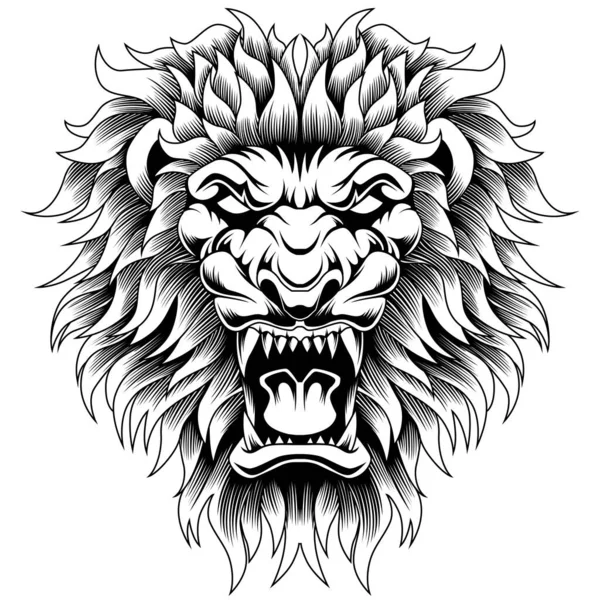 Θυμωμένος Λιοντάρι Κεφάλι Διάνυσμα Τατουάζ Στυλ Μαύρο Και Άσπρο — Διανυσματικό Αρχείο