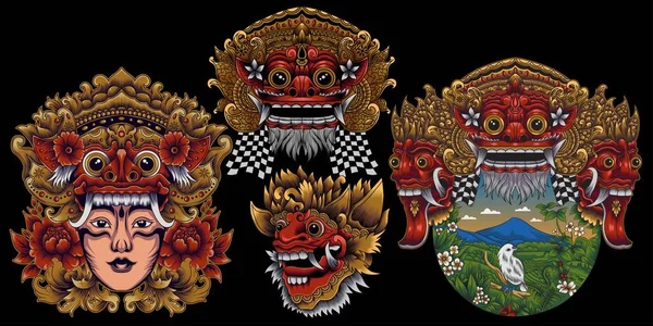 Balinese Barong Cultura Máscara Coleção — Vetor de Stock