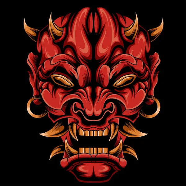Rot Oni Maske Vektor Illustration Isoliert Schwarzen Hintergrund — Stockvektor