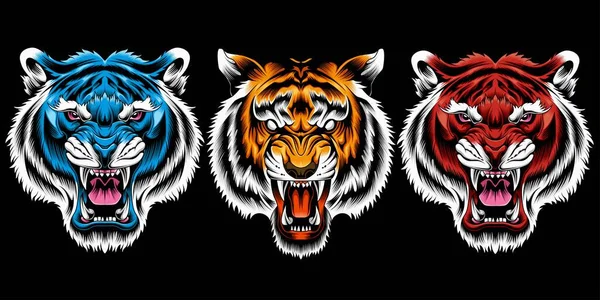 Ensemble Illustration Vectorielle Tête Tigre Colère — Image vectorielle