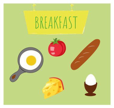 Kahvaltı menüsü. Haşlanmış yumurta, domates, ekmek, çırpılmış yumurta. El çizimi çizimi vektöre çevrildi