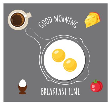 Yağda yumurta ve elle çizilmiş suluboya tava, tahta arka plan. Kahvaltı menüsü, kafe ve restoran için son moda tasarım. Fast food geçmişi.