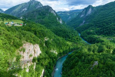 Karadağ 'daki dağların yamaçlarındaki Mountain River Tara Turkuaz ve Ormanı. Durmitor Ulusal Parkı 'ndaki Avrupa' nın en büyük kanyonu.