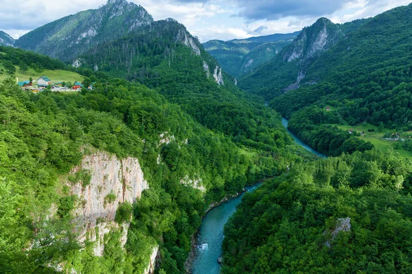 Karadağ 'daki dağların yamaçlarındaki Mountain River Tara Turkuaz ve Ormanı. Durmitor Ulusal Parkı 'ndaki Avrupa' nın en büyük kanyonu.