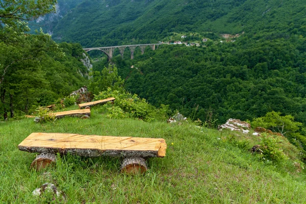 ヨーロッパ最大の峡谷であるモンテネグロのタラ川にかかる古いアーチ型の橋を見下ろすリラクゼーションの場所 国立公園 Durmotor — ストック写真