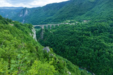 Avrupa 'nın en büyük kanyonu olan Karadağ' daki Tara Nehri üzerindeki eski kemerli köprü. Durmitor Ulusal Parkı