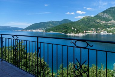 Beautiful view from the balcony to the Bay. Beautiful sea landscapes, mountains and nature in Montenegro