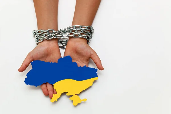 Women Hands Tied Chain Holding Map Ukraine Painted Blue Yellow — 스톡 사진
