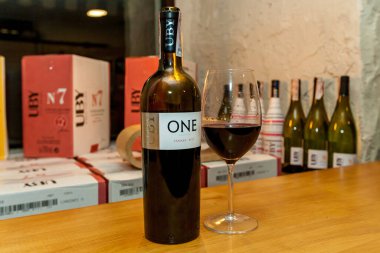 Ukraine, Kyiv 27 December 2019 : Bottles with French wine UBY CUB on the shelves in the restaurant