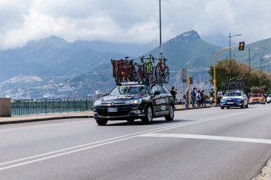 Italy, Salerno 06 May 2013: Cars accompanying different teams of cyclists to the Giro d'Italia cycling days