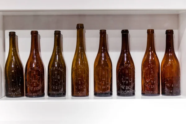 Ukraine Lvov December 2019 Old Dark Brown Beer Bottles Inscriptions — Fotografia de Stock