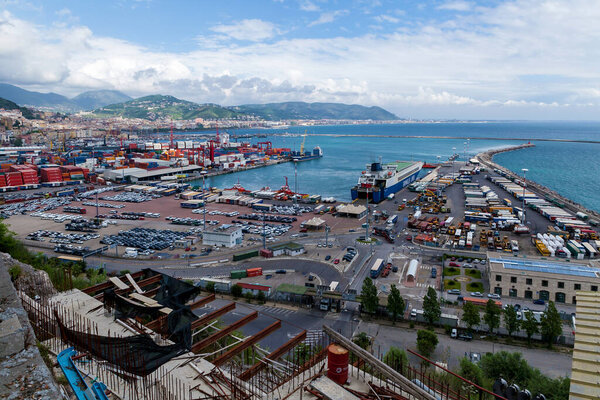 Italy, Salerno 06 May 2013: Large seaport and transport hub in the Italian city of Salerno on the coast of the Gulf of Naples in the Mediterranean
