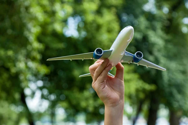 Menino Segura Avião Brinquedo Suas Mãos Parque Contra Pano Fundo — Fotografia de Stock