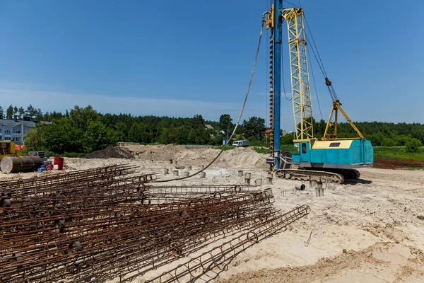 Bouwbeslag Bouwplaats Staalversterkte Betonstaafconstructies Voor Beton Bouwplaats Van Gebouwen Met — Stockfoto