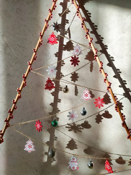 Christmas Triangular Wooden Tree Toys Holiday Symbol Decorated Christmas Tree — Stock Photo, Image